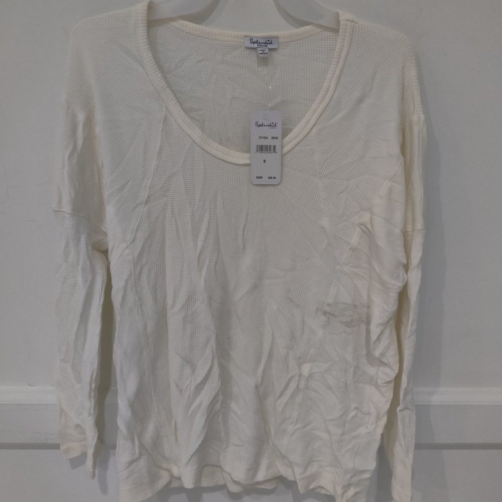 SOILED Splendid Women's Waffle Knit Scoop Neck Long Sleeve Top Sz S $75 3A021